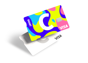 Расположенные одна над другой карты C smart с логотипами C и VISA и разными дизайнами.