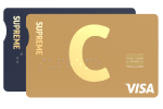 C Supreme kaardid üksteise peal, C ja VISA logodega ning erinevate kujundustega.