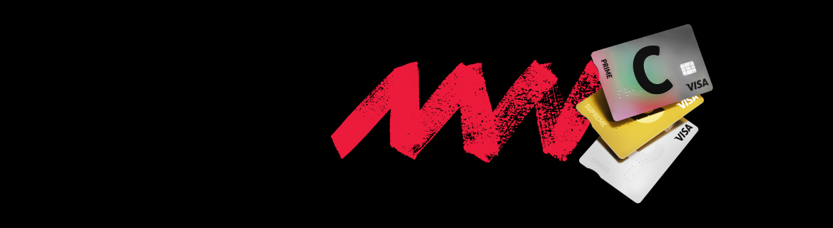 Три платежные карты Citadele: C prime (серая с радужным отливом), C supreme (золотая), C smart (серебряная), расположенные друг на друге. 