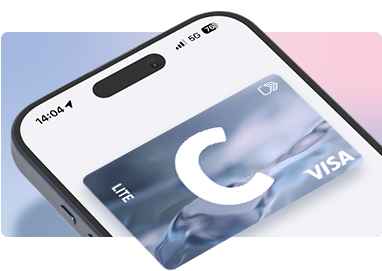 Смартфон с открытым мобильным приложением Citadele, где отображается виртуальная карта C lite; на фоне — надпись 