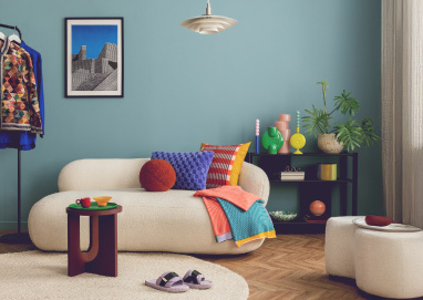 Colorful living room with modern design elements. 