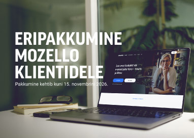 Mozello klientidele mõeldud eripakkumine, kuvatud sülearvuti kõrval, mille ekraanil on avatud Mozello veebileht.