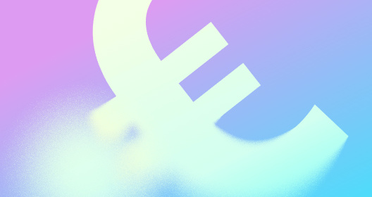 Large pale euro sign dissolving into a soft, grainy glow on a pink-to-blue gradient background.