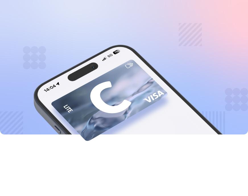 Nutitelefoni ekraan Citadele mobiiliäpist, kus on näha C lite virtuaalkaart