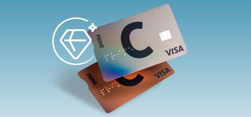 C prime pangakaardid on üksteise peal, millel on näha C ja VISA logod ning erinevad disainid.