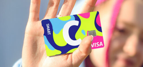 Citadele C smart NEON kaart kirjaga SMART, suure valge tähega C ja VISA logoga. Erksad toonid: sinine, roheline, kollane ja roosa.