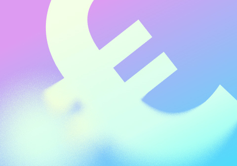 Large pale euro sign dissolving into a soft, grainy glow on a pink-to-blue gradient background.