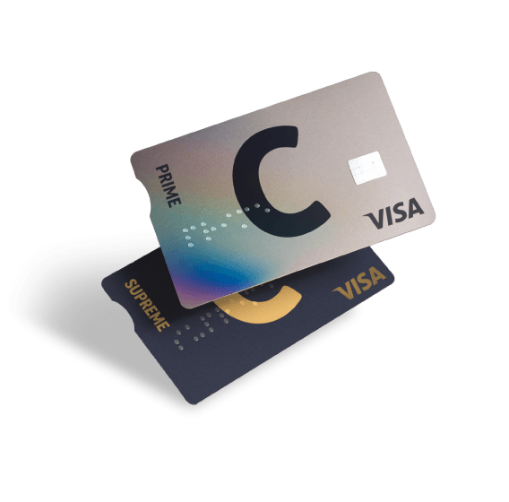 Расположенные одна над другой карты C prime и C supreme с логотипами C и VISA и разными дизайнами.