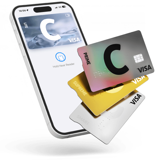 Экран смартфона с открытым мобильным приложением Citadele, на котором отображается раздел Карты с визуалом виртуальной карты C lite.