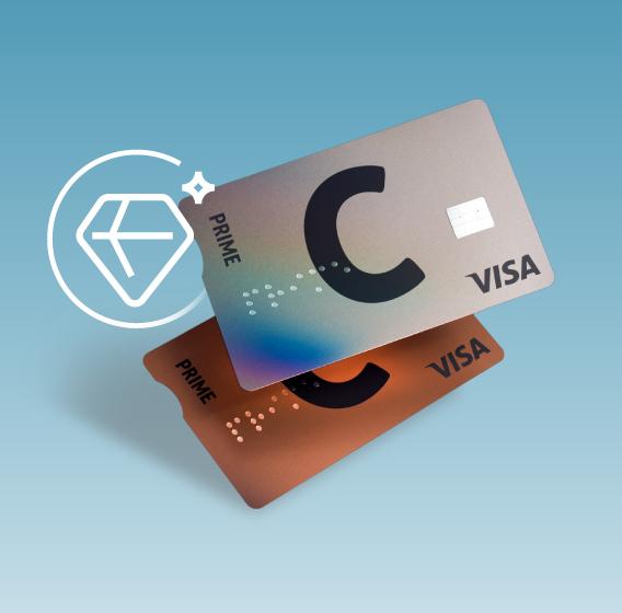 Расположенные одна над другой карты C prime с логотипами C и VISA и разными дизайнами.