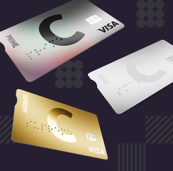 Three cards featuring the C logo and the VISA symbol across a dark background: one card is gold, another is white, and the third is gray with a rainbow reflection.
