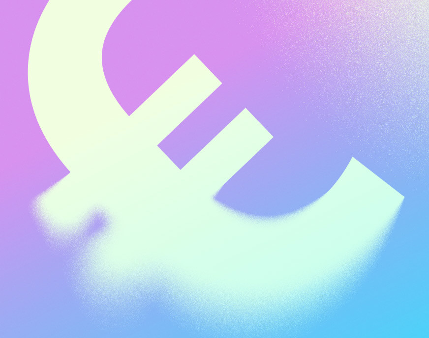 Large pale euro sign dissolving into a soft, grainy glow on a pink-to-blue gradient background.